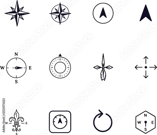 Various compass and direction navigation icons set isolated