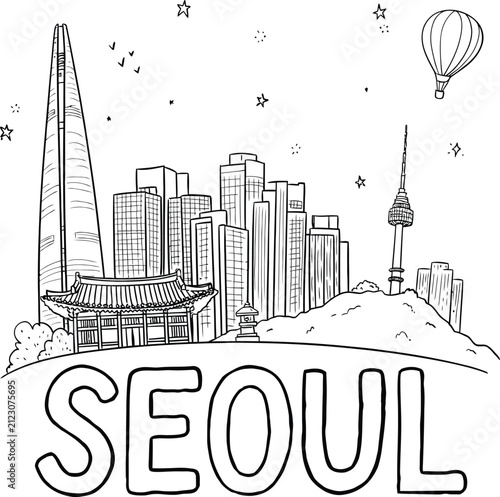 Sketch Illustration Of Seoul City Skyline With Hot Air Balloon