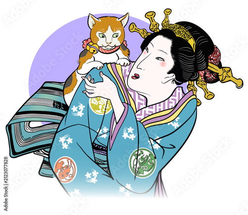 猫を肩に載せる花魁-上半身