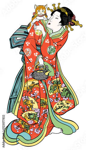 猫を肩に載せる花魁