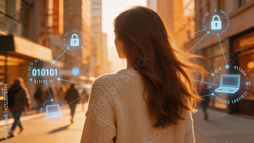 Woman in city with digital icons