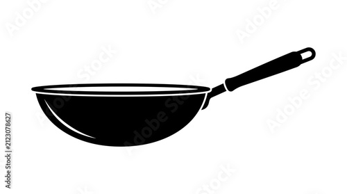 Obraz na plátně Black Wok Cooking Pan Silhouette Isolated on White.