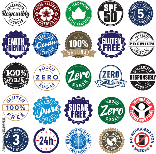 Collection of vector product information Icon labels, for packaging or retail design.