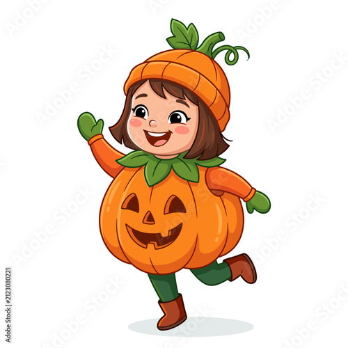 Cartoon child in a pumpkin costume waving happily