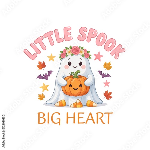Cute ghost holding a pumpkin for Halloween. Little spook Big Heart illustration with floral crown.