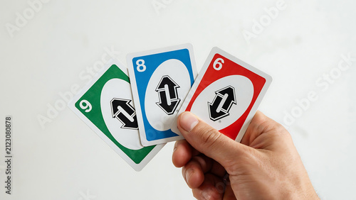 Person holding colorful playing cards for a party game with recreation activity entertainment colorful background competition tabletop