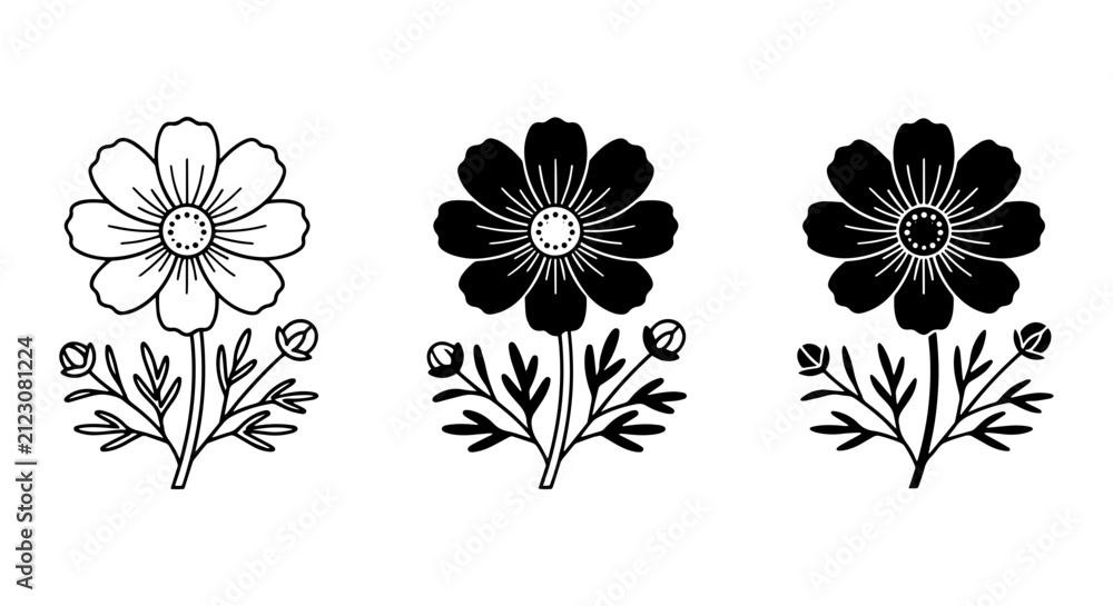 Obraz premium Hand-Drawn Floral Icons, Simple Outline Flower Graphics, Botanical Vector Elements, Black and White Nature Art