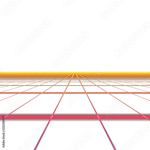 Orange Retrowave Neon Grid Overlay, Isolated on Transparent Background. Isolated glowing retrowave neon grid for VFX, motion graphics and cinematic compositing.