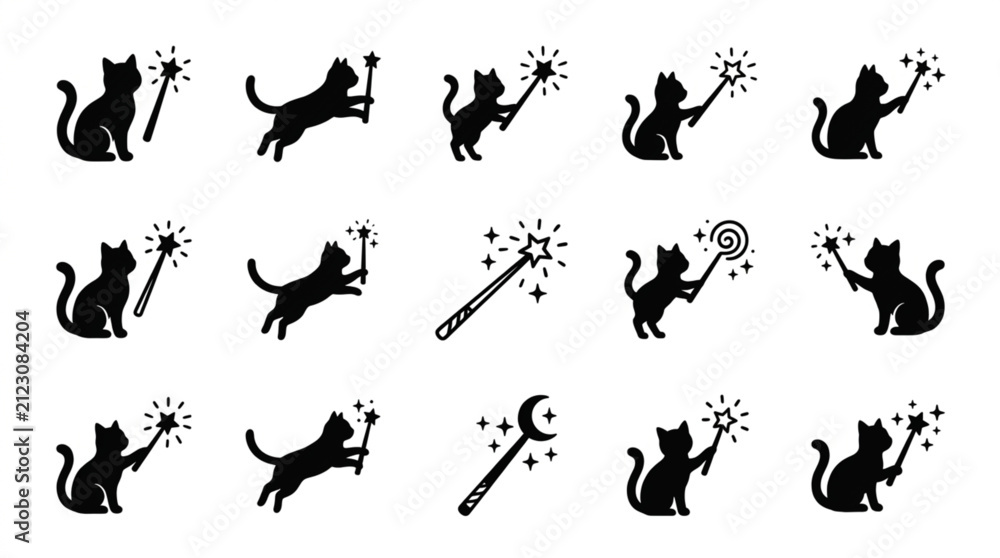 Fototapeta premium Black Cat Silhouettes with Magic Wands and Sparkles.