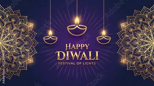 A luxurious Happy Diwali greeting background featuring elegant golden mandalas and glowing hanging oil lamps on a deep purple gradient backdrop.