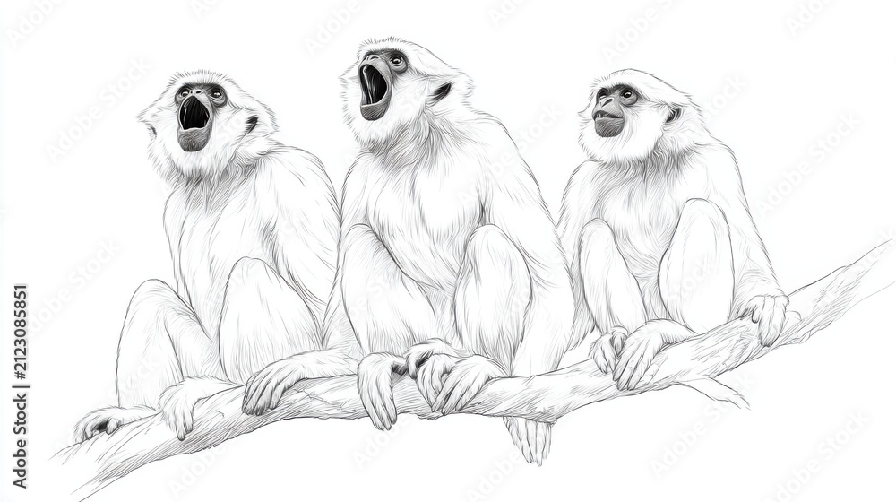 Obraz premium Three Monkeys Sitting on a Branch, Expressing Different Emotions
