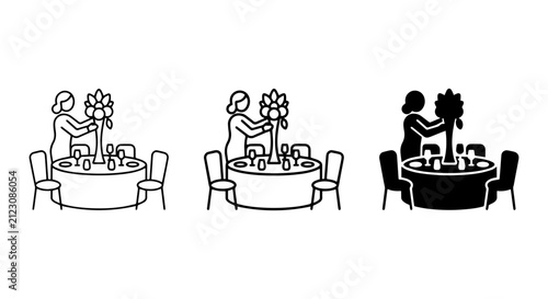 Event Decorator Setting Table, Round Dining Setup, Floral Arrangement Service, Vector Icons