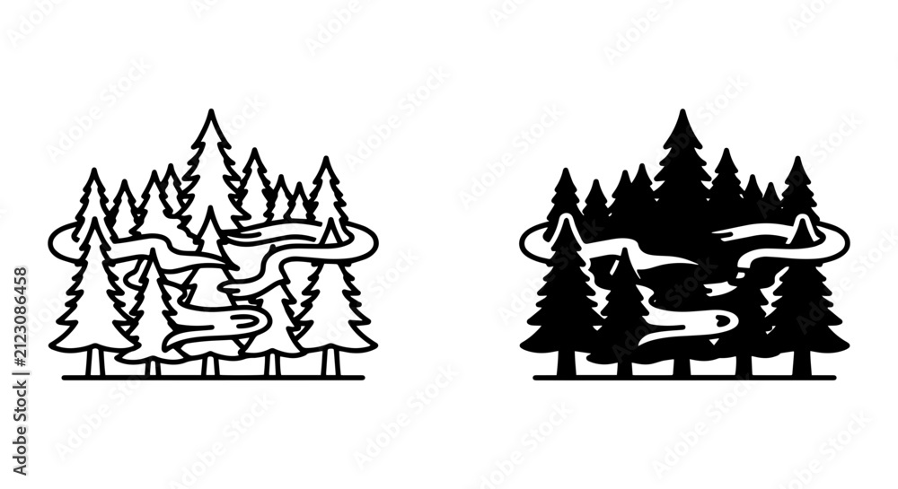 Fototapeta premium Minimalist Forest Landscape Vector Art, Nature Scene Icons, Pine Trees, Aurora Borealis, Outdoor Adventure