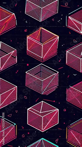 Abstract geometric pattern featuring glowing pink cubes and neon lines on a dark blue background modern vector design for tech gaming or futuristic branding projects
