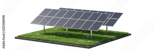 Solar panels installed on a green grass field for renewable energy concepts and sustainable power generation infrastructure and technology projects isolated on a transparent background