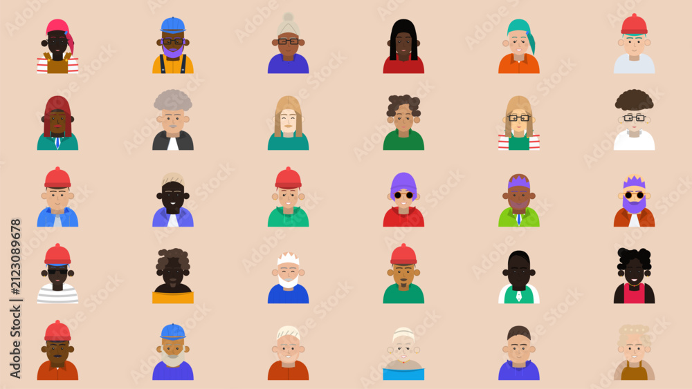 Naklejka premium Diverse collection of flat-style avatar icons for men and women representing various ethnicities and professions