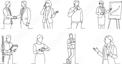 Business professionals line art illustrations showing teamwork, communication, presentation, and office activities for corporate projects