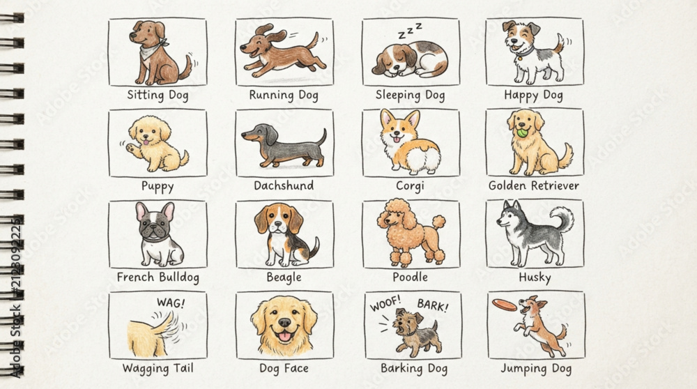Obraz premium Sketchbook pages showcasing cute doodle illustrations of various dog breeds and behaviors in hand-drawn style