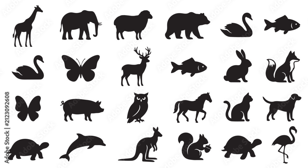 Fototapeta premium Collection of diverse animal silhouettes and wildlife icons with silhouette wildlife collection