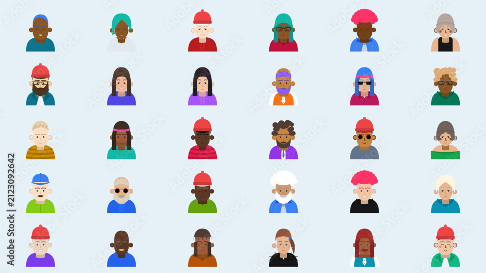 Fototapeta premium Diverse Set of Stylized Human Avatars Featuring Men and Women with Various Hairstyles and Colorful Clothing Designs