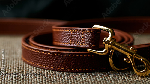 Premium brown leather dog leash and collar set, elegant pet accessory concept, with copy space