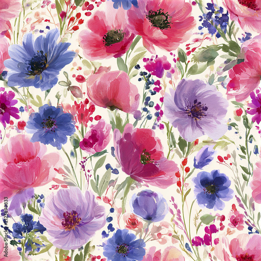Obraz premium Colorful floral watercolor pattern with pink, purple, and blue flowers creating vibrant and lively design