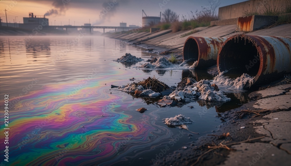 Obraz premium Toxic water surface with mixed colors and floating industrial residue.