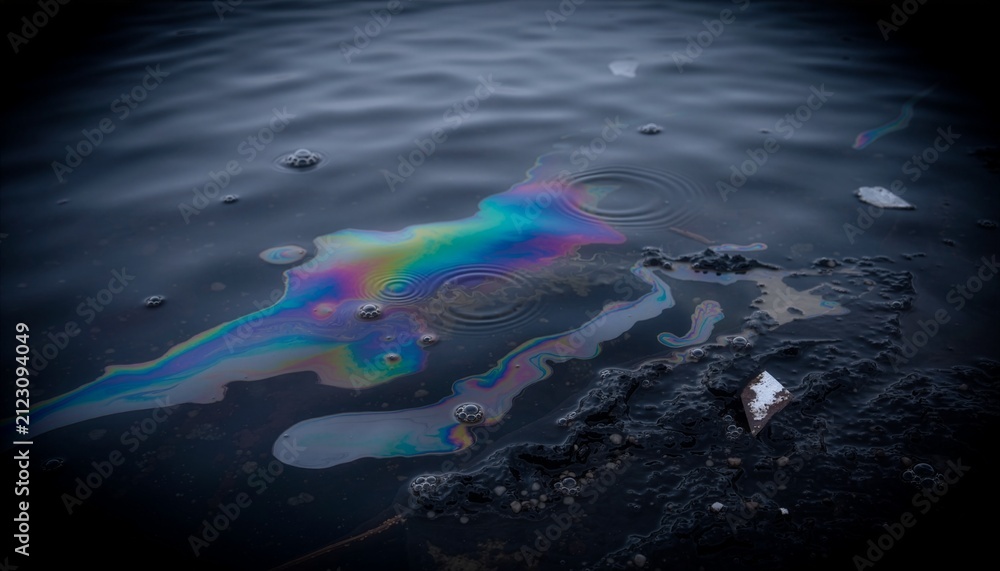 Fototapeta premium Abstract polluted water texture with oil stains and chemical residue.