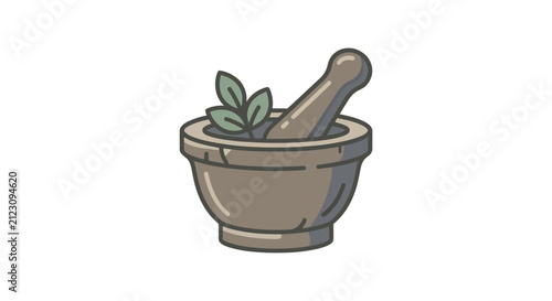 Brown mortar and pestle with fresh green herbs.