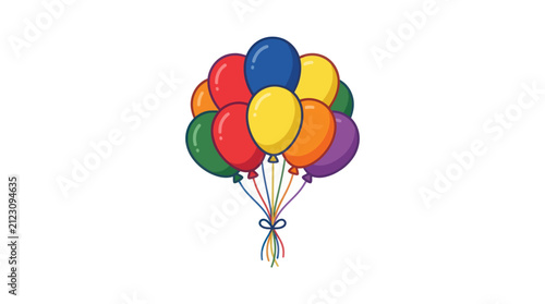 Bundle of vibrant multi-colored helium balloons tied with strings.