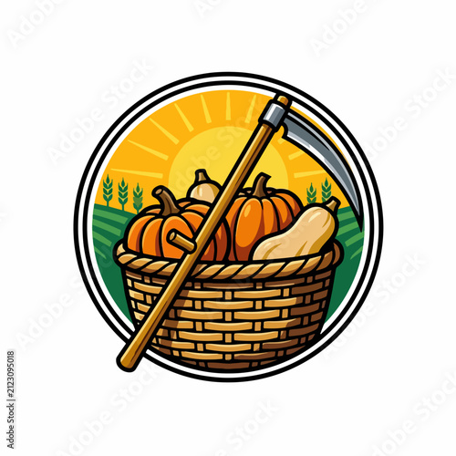 Bild auf Leinwand A woven basket filled with fresh autumn harvest vegetables and tools