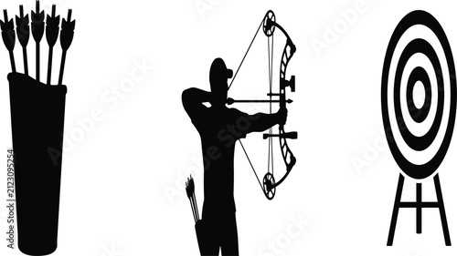 Fotografie Archer Aiming with Compound Bow Vector Silhouette for Hunting and Archery Sports