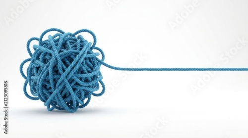 A tangled blue yarn ball unraveling into a single straight line, symbolizing order from chaos.