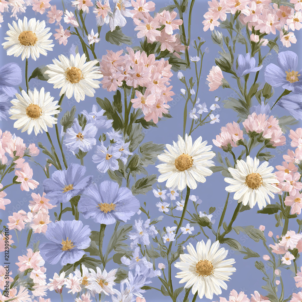 Fototapeta premium Soft pastel floral pattern with daisies and wildflowers on muted blue background, evoking gentle cottagecore charm