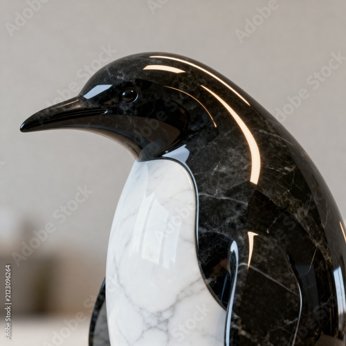 Polished Marble Penguin Sculpture with Intricate Veining, an Elegant Stone Art Piece for Display