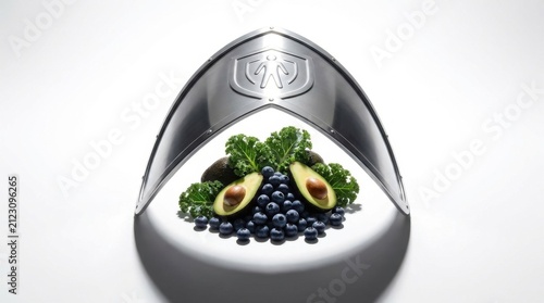 Silver shield guarding nutritious superfoods including avocado, blueberries and kale, symbolizing health and protection