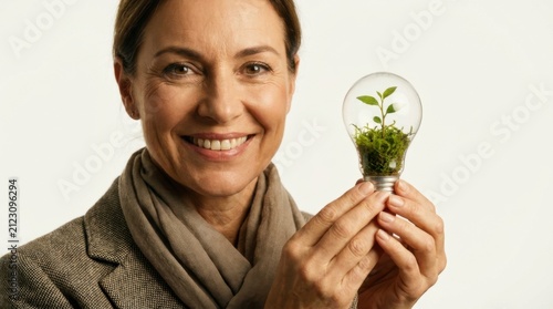 Smiling Woman Holding a Lightbulb with a Growing Plant, Symbolizing Green Ideas and Sustainable Innovation