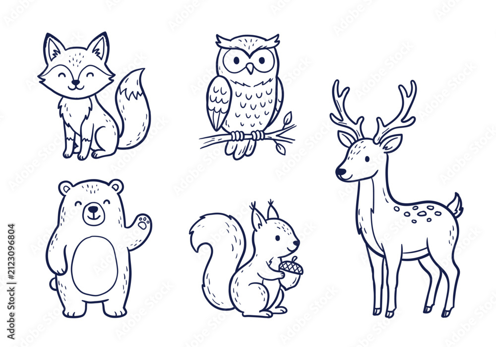 Fototapeta premium Cute forest animals line art doodles set with fox owl deer bear and squirrel vector design