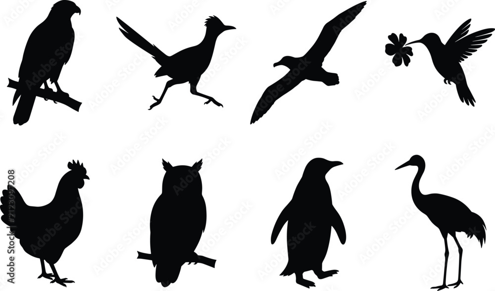 Obraz premium Diverse Wild and Domestic Bird Silhouettes Icon Set Isolated on White Background