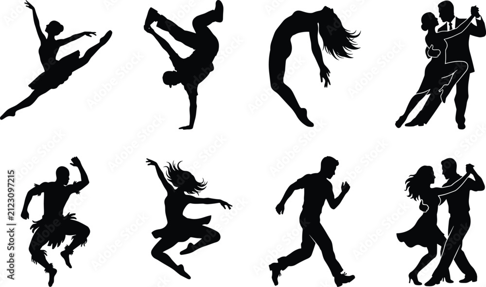 Fototapeta premium Diverse dance styles vector silhouette collection featuring ballet breakdance ballroom tribal and modern dancers