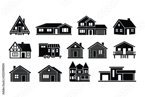 Residential housing architecture and home building silhouette vector graphics