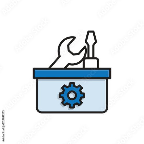 Icon solutions. Technical solution. Toolbox with gears. assistants, optimization, and management. Mixed design style.
