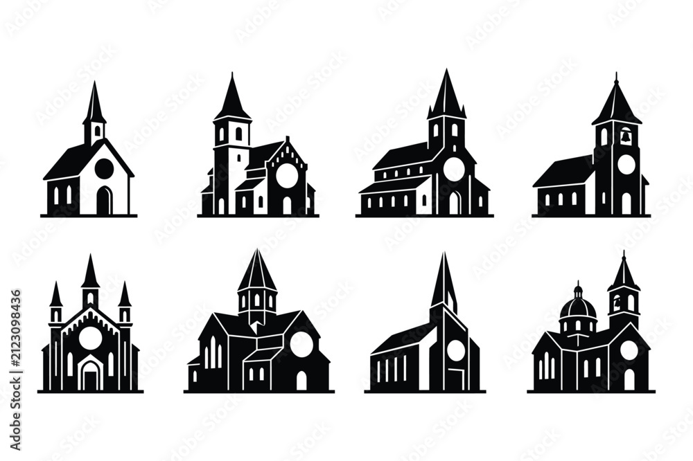 Fototapeta premium Traditional christian church buildings and cathedral silhouette illustrations