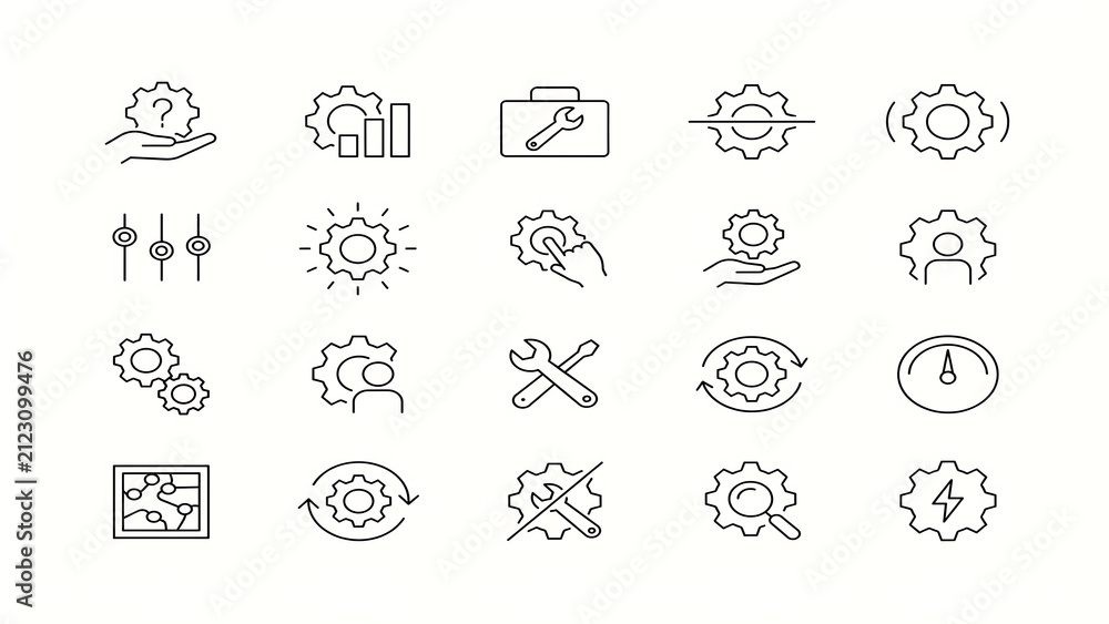Fototapeta premium Collection of mechanical gear and configuration line icons with configuration engineering mechanical settings industrial automation interface development technical optimization maintenance