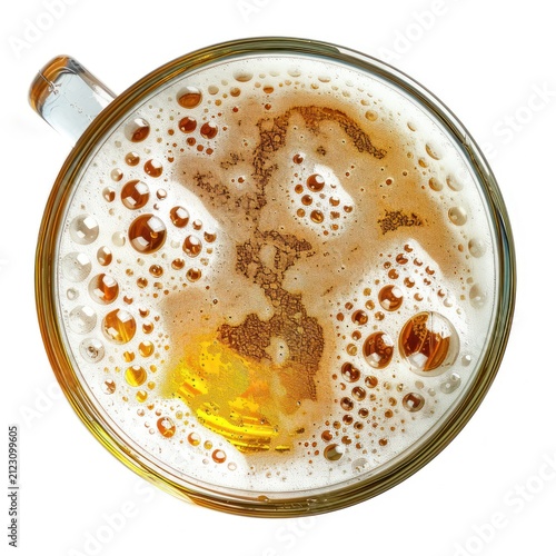 Top view of frothy beer in glass mug.