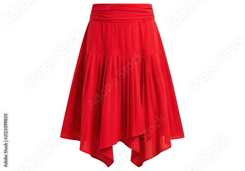 Canvastavla Vibrant red flowing skirt with asymmetrical hemline, elegant pleated fabric design, modern fashion apparel isolated on transparent background for e-commerce