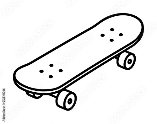 Hand-traced vector illustration of a classic wooden skateboard with four wheels and rounded deck, minimalist black line art design for sports, urban, and youth culture projects