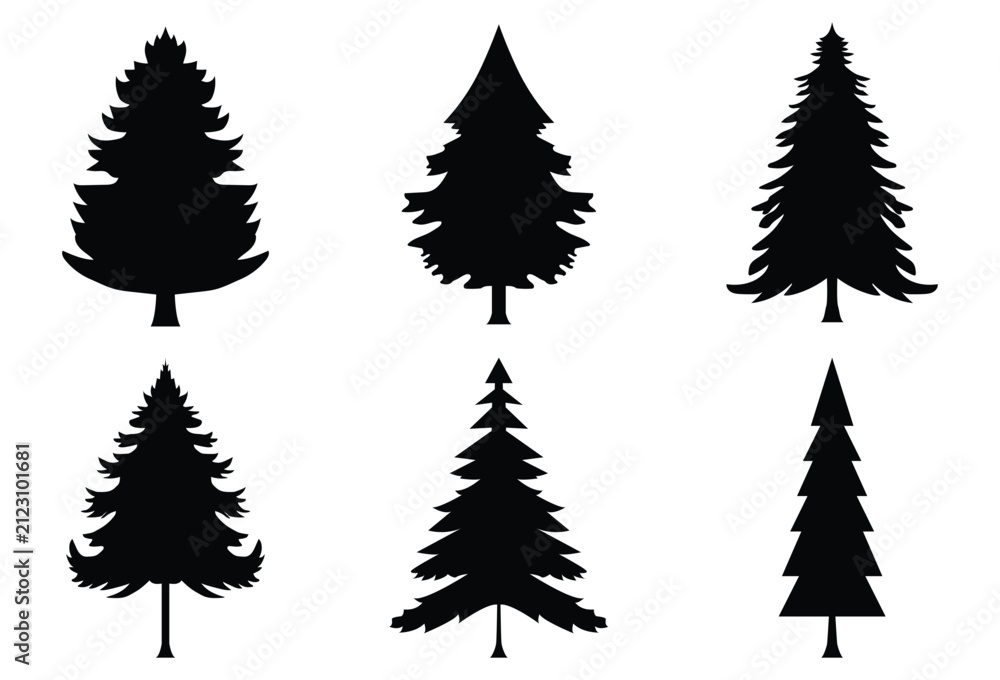 Obraz premium Set of Black Pine Tree Silhouettes Isolated on White Background, Evergreen Forest Vector Collection