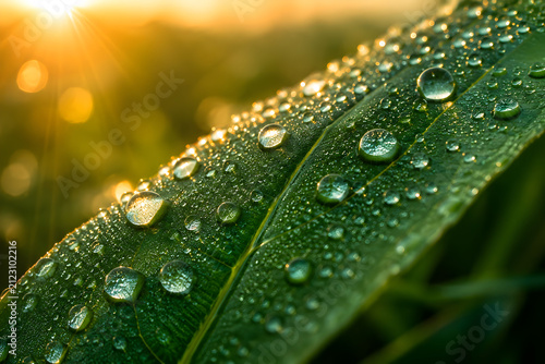 Morning Dew Drops on Green Leaf at Sunrise Macro Nature Background