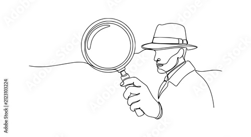 Detective with magnifying glass, continuous line art, investigation concept, searching for clues